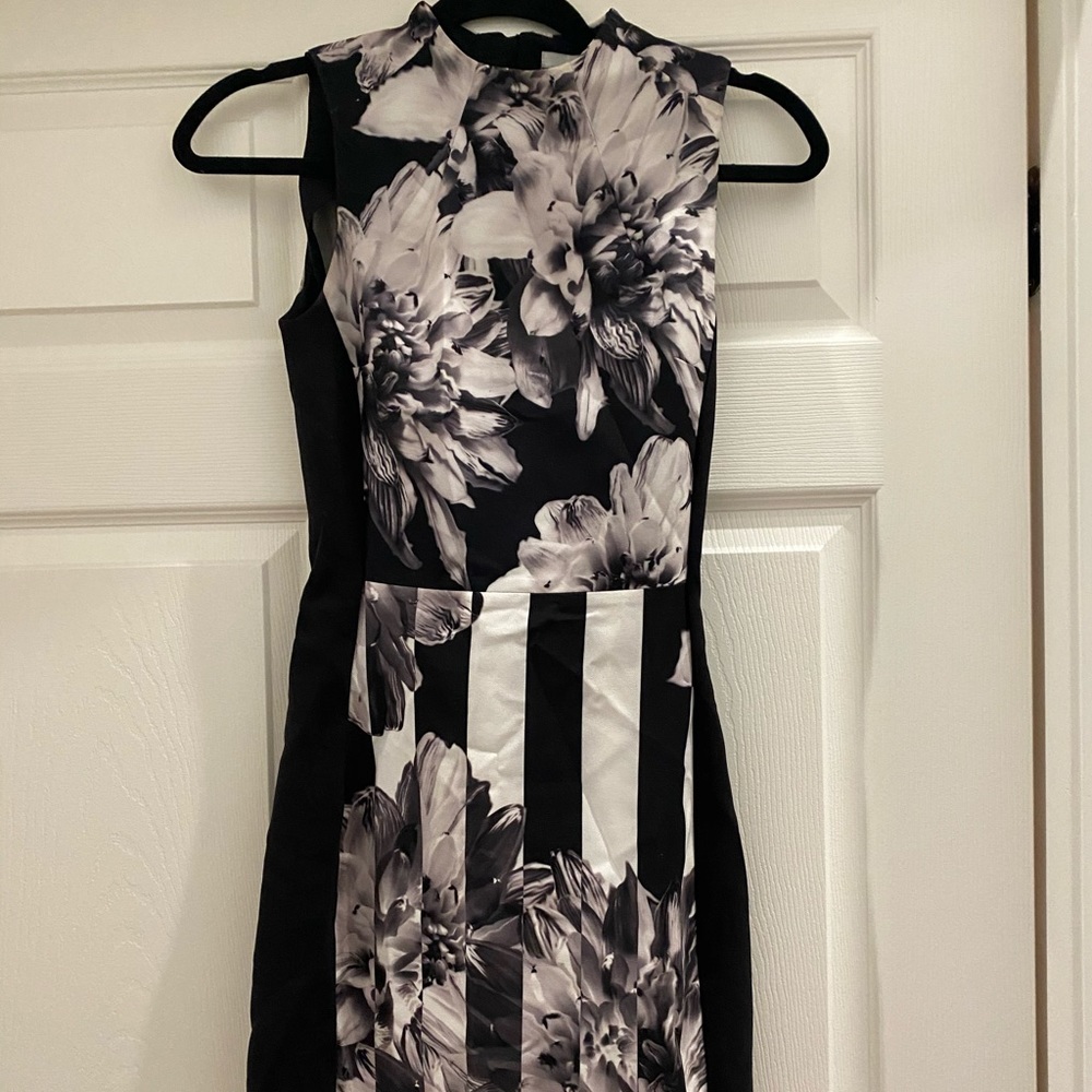 Black and white floral and striped dress